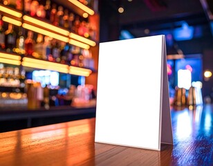 Blank restaurant menu mockup on wooden bar counter with colorful neon lights