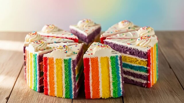 Slices of rainbow layered cake with white frosting and sprinkles, arranged on wood