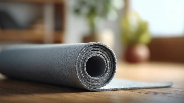 Minimalist gray yoga mat lying neatly rolled on wooden studio floor, waiting for upcoming fitness session with natural light streaming across empty space