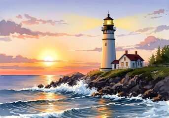 Watercolor painting of a lighthouse on a rocky coast at sunset, with waves crashing against the rocks and a beautiful sky with clouds