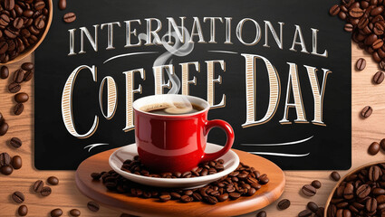 International Coffee Day, a steaming hot coffee cup in a red ceramic mug placed on a wooden table, surrounded by roasted coffee beans. Elegant typography ‘International Coffee Day’ on a chalkboard-sty