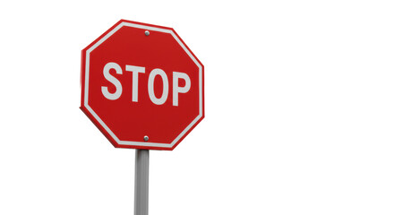 Vibrant red octagonal stop sign with "STOP" on sleek grey pole, in clean minimalist corporate environment with soft studio lighting, ample negative space, concept of strategic business