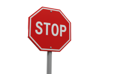Vibrant red octagonal stop sign with "STOP" on sleek grey pole, in clean minimalist corporate environment with soft studio lighting, ample negative space, concept of strategic business