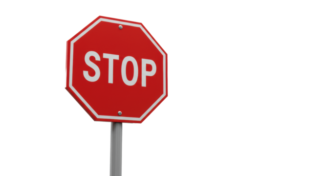 Vibrant red octagonal stop sign with "STOP" on sleek grey pole, in clean minimalist corporate environment with soft studio lighting, ample negative space, concept of strategic business