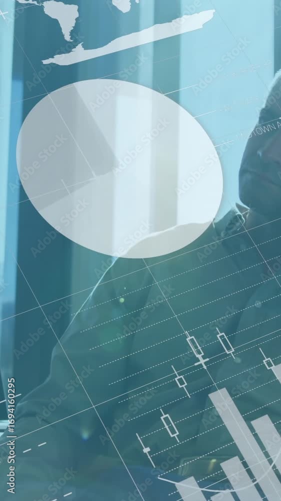 Poster animation of statistical data processing against thoughtful caucasian man at office