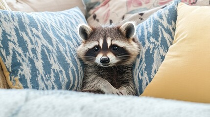 Raccoon sitting in a pile of pillows, indoor cozy nook