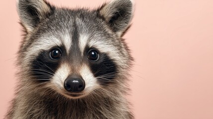 Curious raccoon with bright eyes posing against a soft pink background, showcasing its playful spirit and unique facial markings in a close-up setting