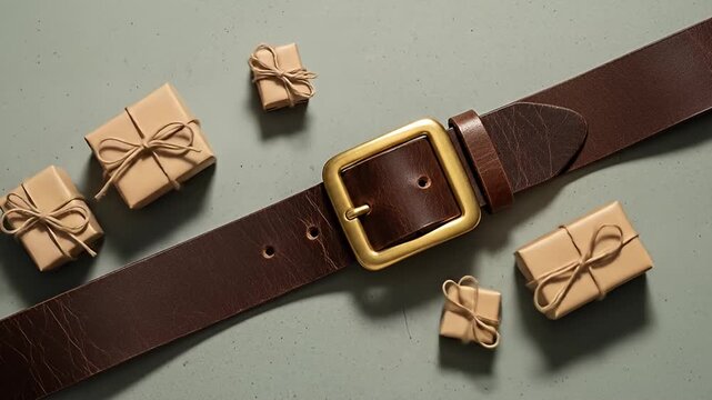 A brown leather belt with a brass buckle surrounded by small tan gift wrapped packages