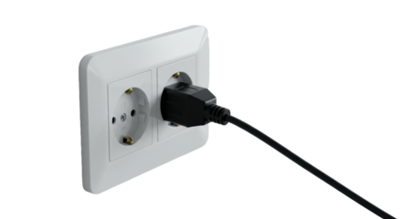 Sleek unbranded white electrical outlet with black power cord plugged in, on a bright minimalist wall with soft studio lighting, sharp focus, product shot, concept of power connectivity