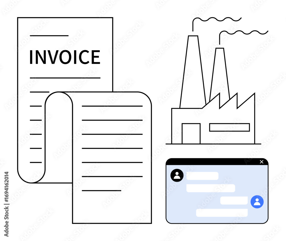 Poster invoice document, factory building with chimneys, and chat interface for communication and data exch