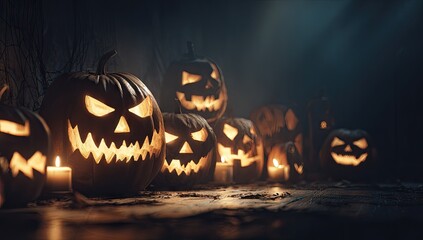 Glowing jack-o'-lanterns stand in a spooky, dark setting, illuminated by warm candlelight.