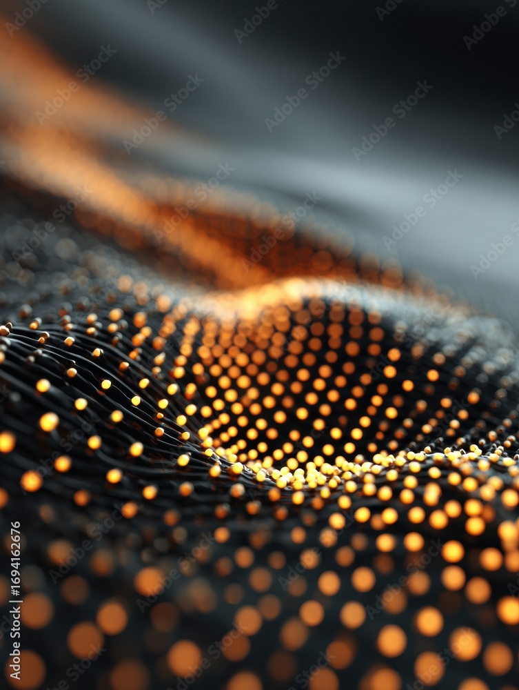 Poster abstract depiction of vibrant dots and lines forming a dynamic wave pattern illuminated in warm tone