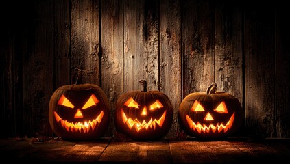 Three illuminated carved pumpkins, with eerie faces, are displayed against a rustic wooden background, creating a spooky Halloween scene.