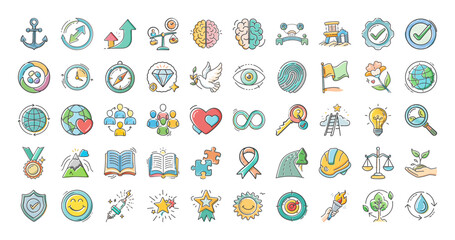 Motivation and inspiration icon pack with hand drawn style illustrations - Collection of hand drawn motivation and inspiration icons including symbols of success, achievement, growth, positivity