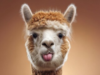 Obraz premium Funny alpaca sticking out its tongue with a playful expression in a studio setting