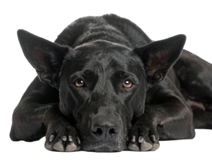 Black Indian stray dog lying down with head resting on paws PNG