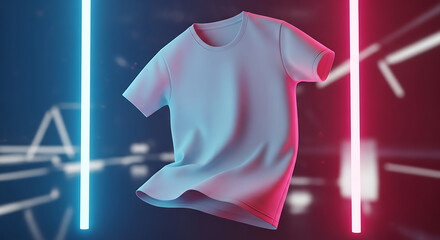 3D floating blank t-shirt mockup with futuristic neon lights