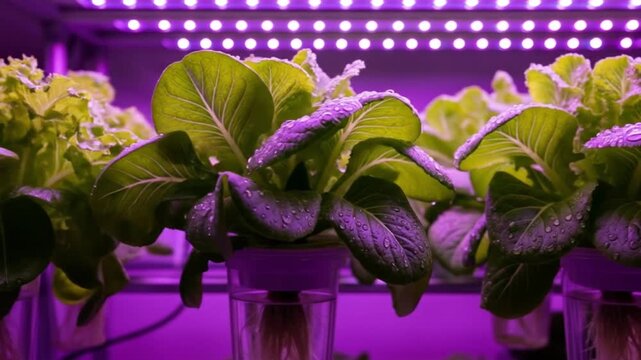 Lush Hydroponic Greens Thriving Under Vibrant Purple Grow Lights, Dew Drops on Leaves