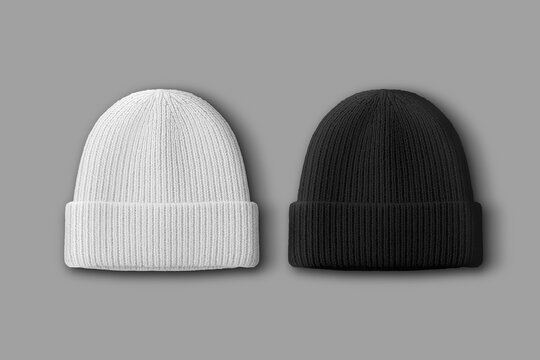 Beanie Hat Mockup White and Black Knit Winter Cap on Grey Background Fashion Apparel Design Template