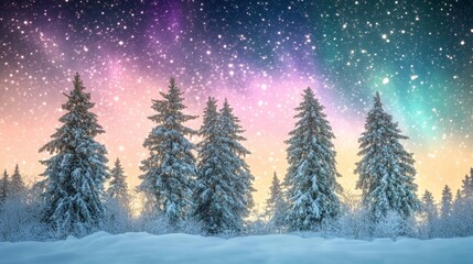 Obraz premium Stunning winter landscape featuring vibrant aurora borealis lighting up the snowy forest at dusk.