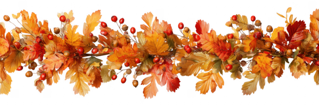 Autumn leaves and berries garland decoration border for fall season celebrations transparent background
