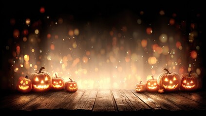Illuminated jack-o'-lanterns sit on a rustic wooden surface, bathed in a warm, glowing light against a backdrop of bokeh, creating a captivating Halloween scene.