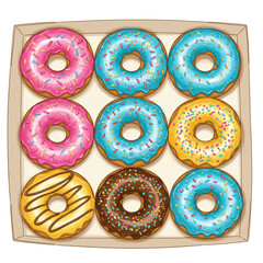 Colorful Donuts in a Box, Iced and Sprinkled, Sweet Treat Dessert