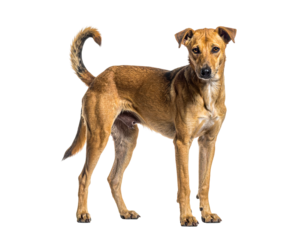 Hyperrealistic image of a thin Indian stray dog standing alone PNG