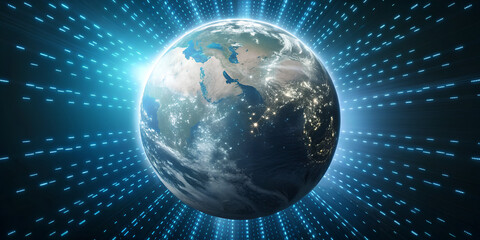 3D globe glowing with orbiting binary numbers in futuristic digital abstract cyber technology design