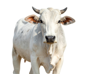 Hyperrealistic image of an Indian desi cow PNG with white coat and small hump 