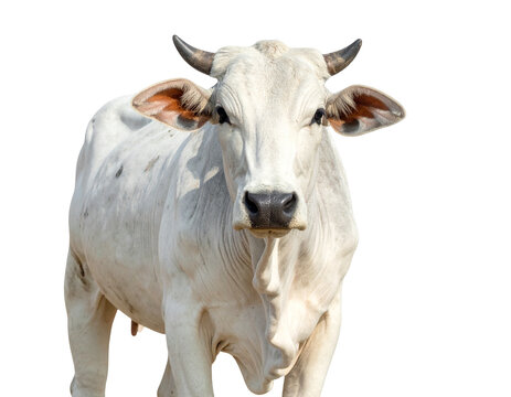 Hyperrealistic image of an Indian desi cow PNG with white coat and small hump 