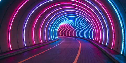 Neon spiral tunnel with glowing light trails in futuristic abstract cyber digital technology design
