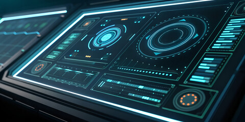 Futuristic interface HUD with transparent holographic layers in glowing cyber technology design
