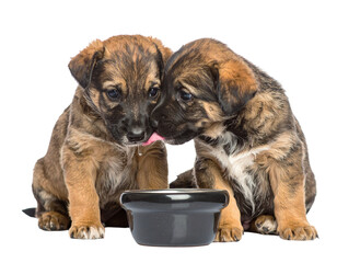Two Indian stray puppies sitting close together, PNG