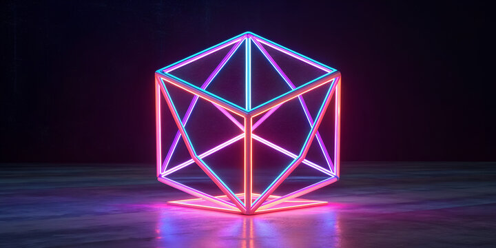 Abstract neon cube with floating polygons in futuristic glowing digital cyber technology design
