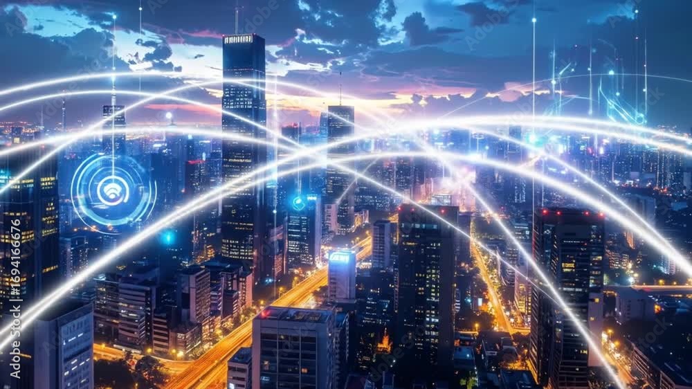 Poster high-tech urban center illuminated with advanced data network connections