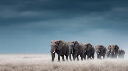 Naklejka premium A stunning shot of a herd of elephants walking gracefully in the grasslands
