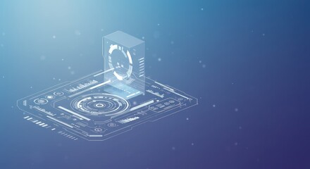 Advanced technology concept featuring an isometric projection of a futuristic user interface with holographic data visualization