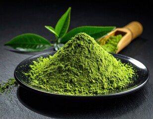 Matcha tea powder on a black plate