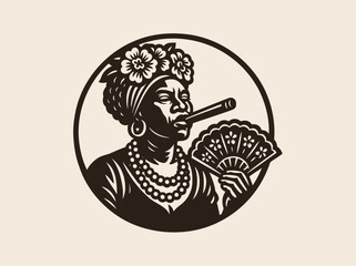 Caribbean woman with cigar vintage emblem engraving vector illustration