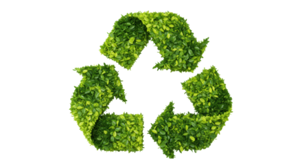 Three-dimensional recycling symbol of vibrant green leaves with delicate veins, isolated on transparent background with copy space, soft high-key lighting for environmental concept.