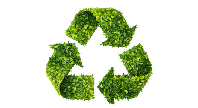 Three-dimensional recycling symbol of vibrant green leaves with delicate veins, isolated on transparent background with copy space, soft high-key lighting for environmental concept.