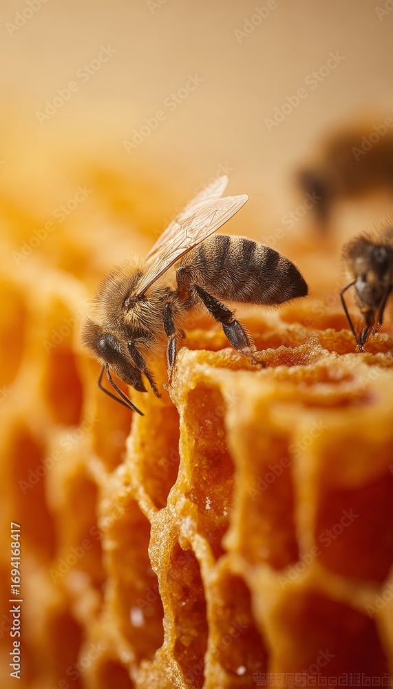Poster a macro shot of industrious bees collecting nectar and creating golden honeycombs in their hive