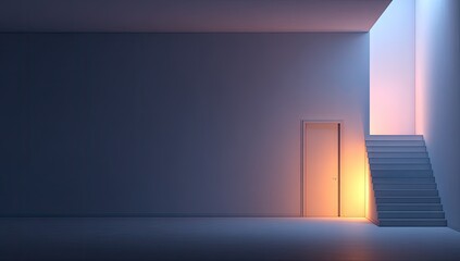 A minimalist, empty room with a door and stairs bathed in warm light, showcasing a serene and tranquil atmosphere.