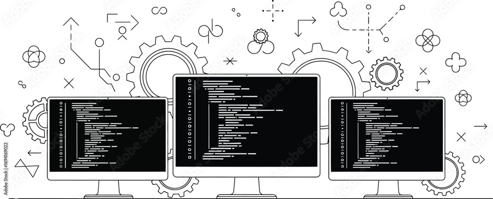 Fototapete three computer monitors displaying code with gears and arrows in a black and white line drawing styl