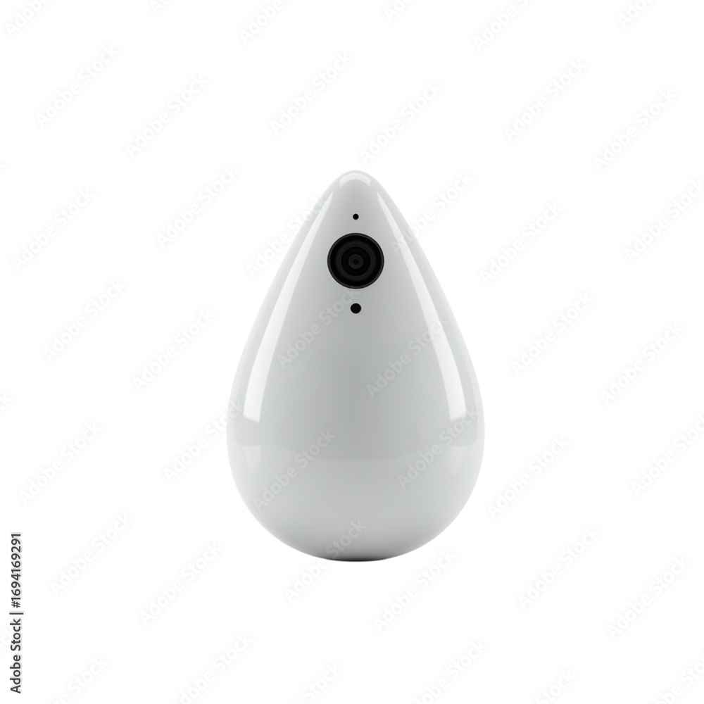 Poster modern white teardrop shaped device with small black camera lens centered on surface transparent bac