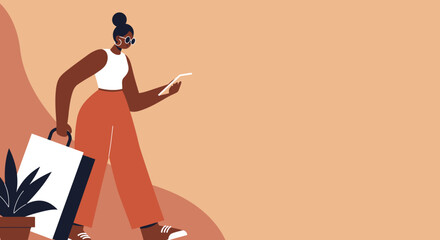 Stylish woman walking with a shopping bag, engaged with her tablet. Represents modern lifestyle, online shopping, and digital connectivity in an urban setting.