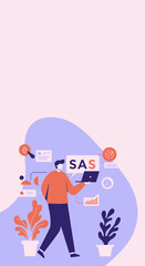 Obraz premium Man using SAS software on a laptop for data analysis and business intelligence, surrounded by abstract icons representing technology and digital solutions.