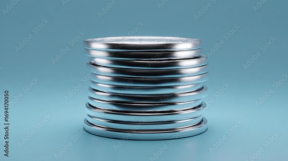 Poster stack of silver coins on a light blue background. the coins are arranged in a circular pattern, with