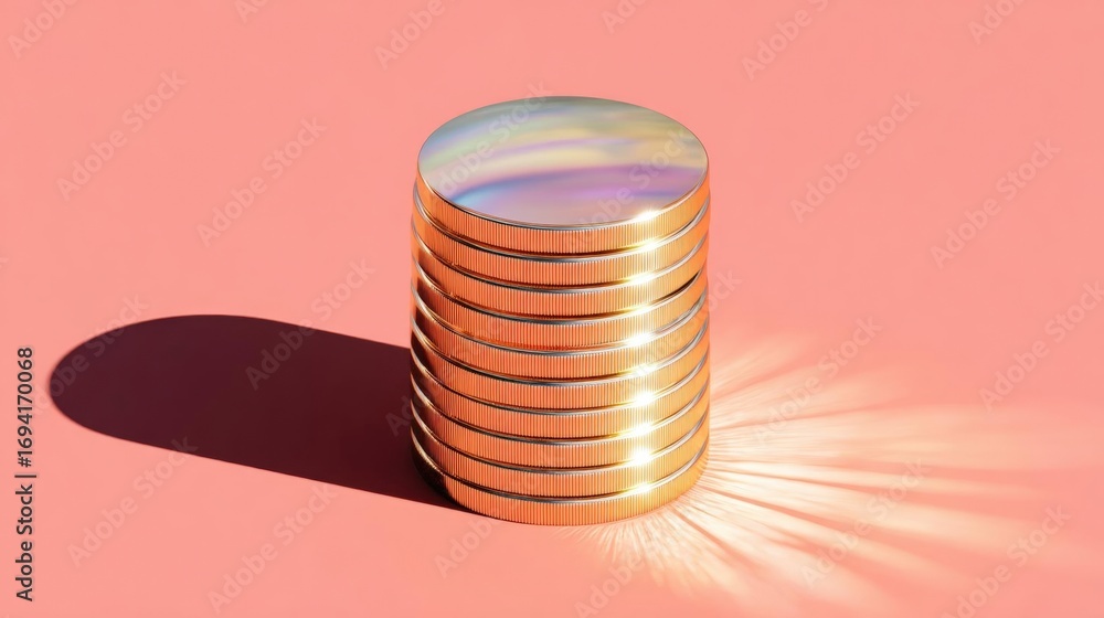 Poster 3d rendering of a stack of coins on a pink background. the coins are arranged in a pyramid-like shap